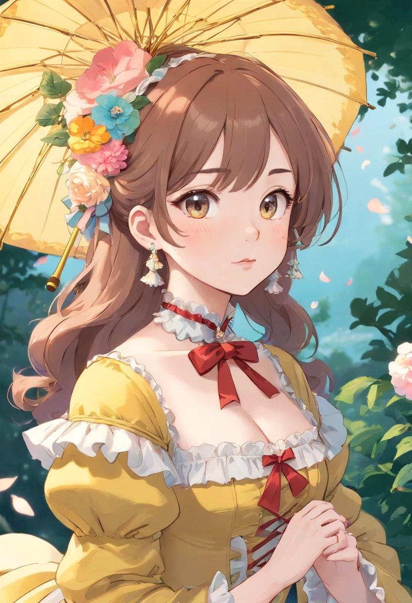 (Masterpiece), (best quality), illustration of Victorian Girl、kawaii girl、aniime、 1. **lo fashion**: Victorian fashion is characterized by dressy and elegant design。Ruffles and laces、corsets、Try incorporating elements such as long dresses。 2. **hairstyle on**: Women's hairstyles in the Victorian era are often complex and delicate。Upstyling and curling、It is also a good idea to add ribbons and floral ornaments to the hair.。 3. **Features**: girl features with soft features、Beautiful、kawaii、intelligent Beatty, Beautiful 5. **accessorized**: Accessories played an important role in the Victorian era。Hats、gloves、umbrellas, etc.、By drawing accessories with attention to detail、You can give your character personality。 Nice dress、florals、Luxurious costumes、PastelColors, (shining brightly), ((dazzling)), (floating a lot of flower petals, ((2d)), ((paper art))、(((glamorous)))、Plump、(((Chubby Mature Woman)))、(((Huge breasts)))、sexy woman、