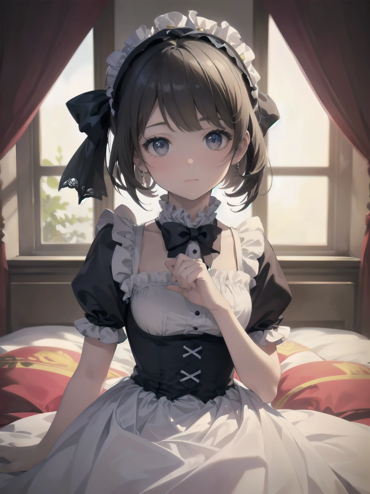 (Highest quality、16K、masterpiece、Ultra-high resolution、Victorian era、Photorealistic:1.2)、A delicate Lolita girl, aged 13、Cute pose of a lolita maid