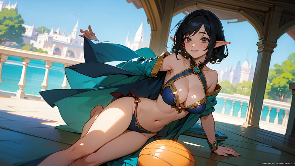 Anime Style,Swimwear,A distant view detailed in detail,Magical World,A lively balcony with many people,Smiling bard black haired beautiful elf,Big cleavage,Healthy thighs,Underarm,Barefoot