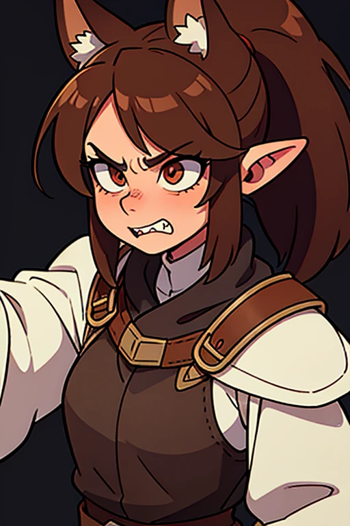 Female, Girl, Brown hair, Ponytail, canine eyes, white lipstick, animal features, human ears, animal eyes, sharp teeth, feral look, angry, Elden ring, human ears, leather robe, fantasy, fantasy clothing, leather armor