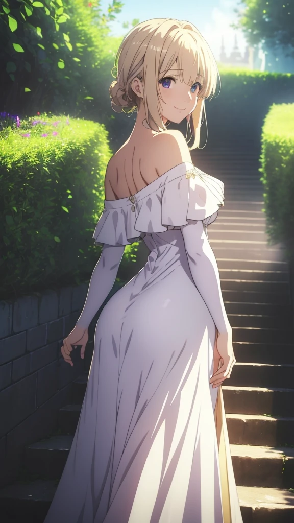 "Extremely detailed CG Unity 8K wallpapers ， Violet Evergarden，photograph from behind, tight dress, focus on ass, masterpiece，outdoors，charming，best picture quality，Volumetric light，Blonde，Face turned red，Smile，Off the shoulder dress，Bangs cover one eye，looking at camera