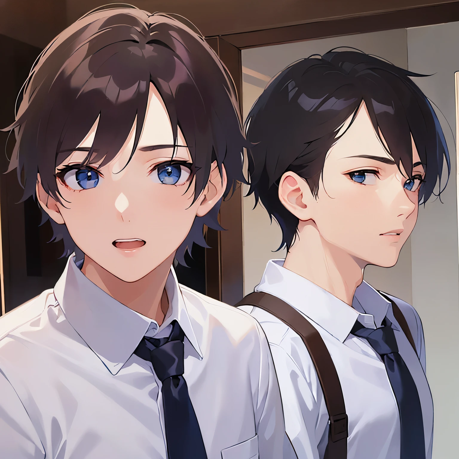 (looking back:1.5)、masterpiece、Highest quality、(25-year-old male:1.5) and (Brown short hair) and (Green Eyes), (Wearing a white shirt:1.3) and (Blue tie)、
blush、The background is the office lobby.、(Alone:1.5),open mouth