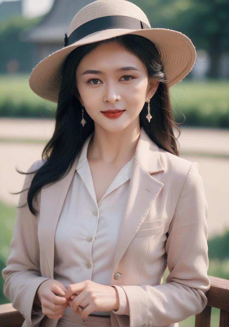 high definition photo,outdoors,silver earrings,blush,gzl,20yo,gzl,applying makeup,19th century style clothing,suit,wide-brimmed hat,play aunt thirteen in the movie huang feihong,basle skirt,light_smile,