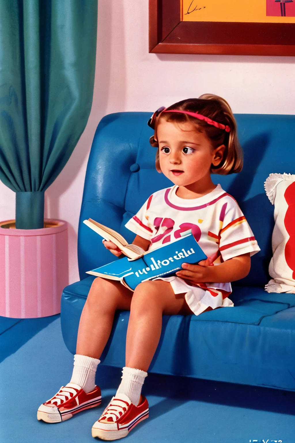 England, 1988. A little ((((4-year-old)) Matilda Wormwood)), reading a book, ((((clothings from the 1980s)))), ((hairstyle of the 1980s))