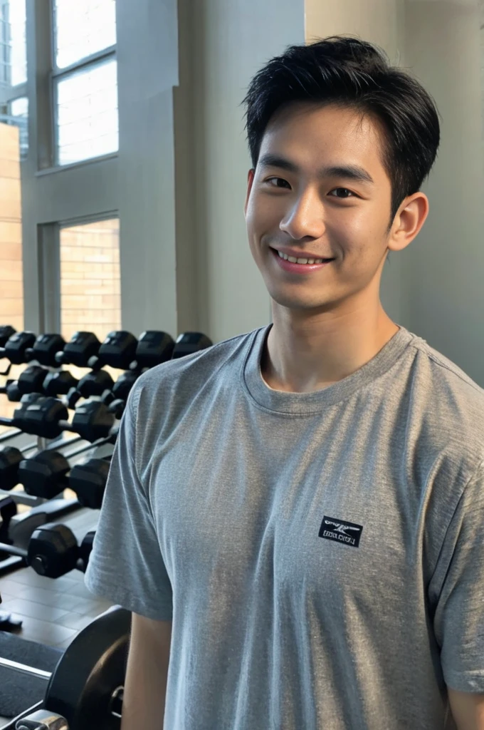 Korean man, Inspiration from Peng Yuyan, 23 years old, Korean muscular man ，The computer room is in the back, tight sports t-shirts, navy blue., open mouth smile