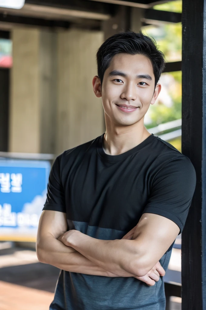 Korean man, Inspiration from Peng Yuyan, 30 years old, 236 years old, Cute Korean Face, 35 yo, 33 year old Korean muscular man,Gym in the background, black t-shirt handsome shirt guy,looking to the camera,frontage,high qulity,tmasterpiece,8K.4K,1080P,Light-sensitive, smile, ,wide angle