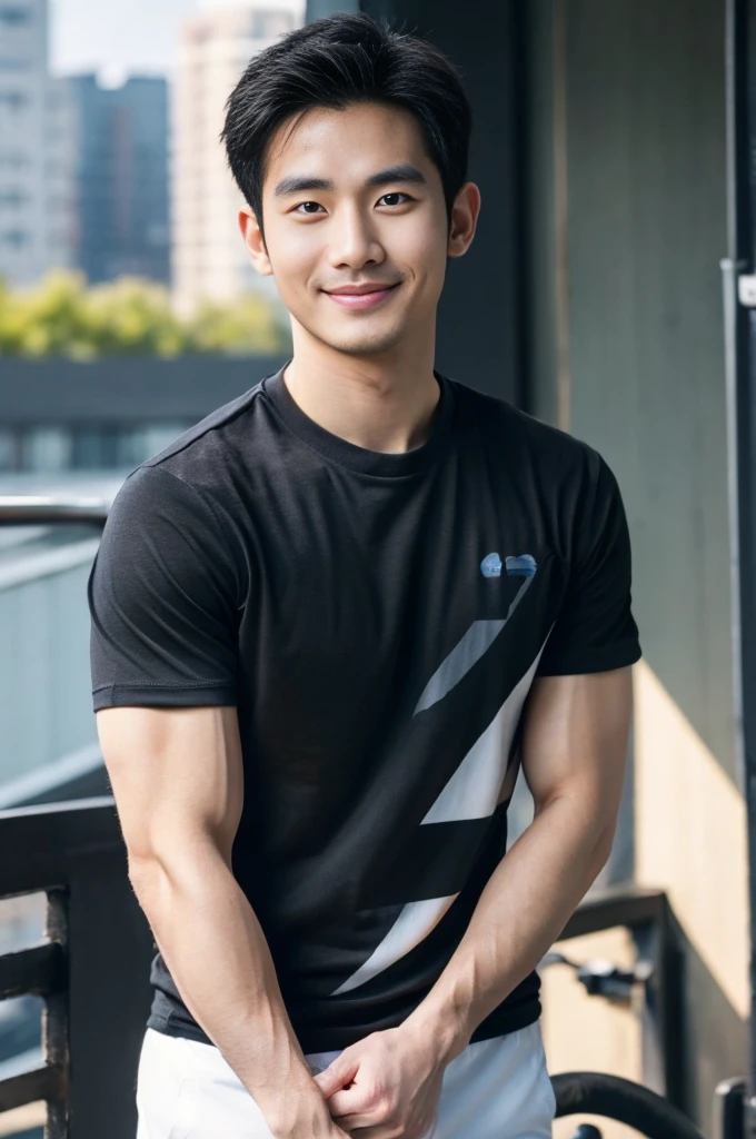 Korean man, Inspiration from Peng Yuyan, 30 years old, 236 years old, Cute Korean Face, 35 yo, 33 year old Korean muscular man，Gym in the background, black t-shirt  handsome shirt guy，looking to the camera，frontage，high qulity，tmasterpiece，8K.4K,1080P，Light-sensitive, smile, ,wide angle