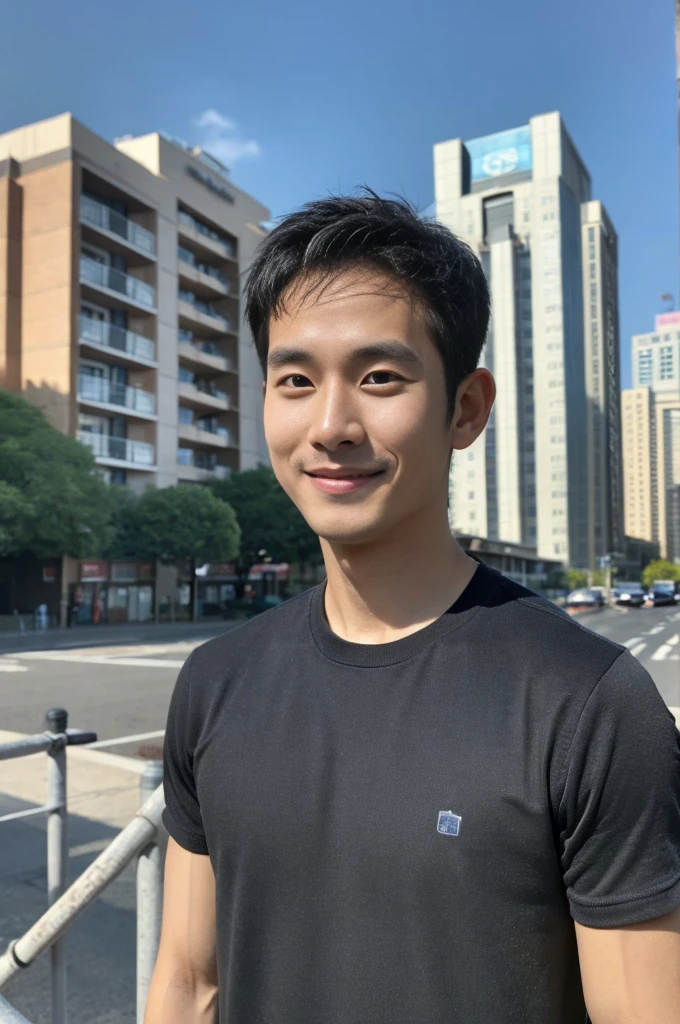 Korean man, Inspiration from Peng Yuyan, 30 years old, 236 years old, Cute Korean Face, 35 yo, 33 year old Korean muscular man,Gym in the background, black t-shirt handsome shirt guy,looking to the camera,frontage,high qulity,tmasterpiece,8K.4K,1080P,Light-sensitive, smile, ,wide angle