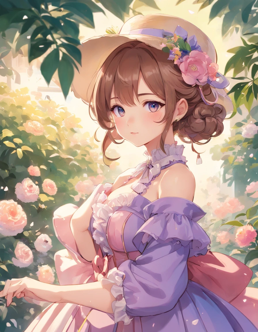 (Masterpiece), (best quality), illustration of Victorian Girl、kawaii girl、aniime、 1. **lo fashion**: Victorian fashion is characterized by dressy and elegant design。Ruffles and laces、corsets、Try incorporating elements such as long dresses。 2. **hairstyle on**: Women's hairstyles in the Victorian era are often complex and delicate。Upstyling and curling、It is also a good idea to add ribbons and floral ornaments to the hair.。 3. **Features**: girl features with soft features、Beautiful、kawaii、intelligent Beatty, Beautiful 5. **accessorized**: Accessories played an important role in the Victorian era。Hats、gloves、umbrellas, etc.、By drawing accessories with attention to detail、You can give your character personality。 Nice dress、florals、Luxurious costumes、PastelColors, (shining brightly), ((dazzling)), (floating a lot of flower petals, ((2d)), ((paper art))、(((glamorous)))、Plump、(((Chubby Mature Woman)))、(((Huge breasts)))、sexy woman