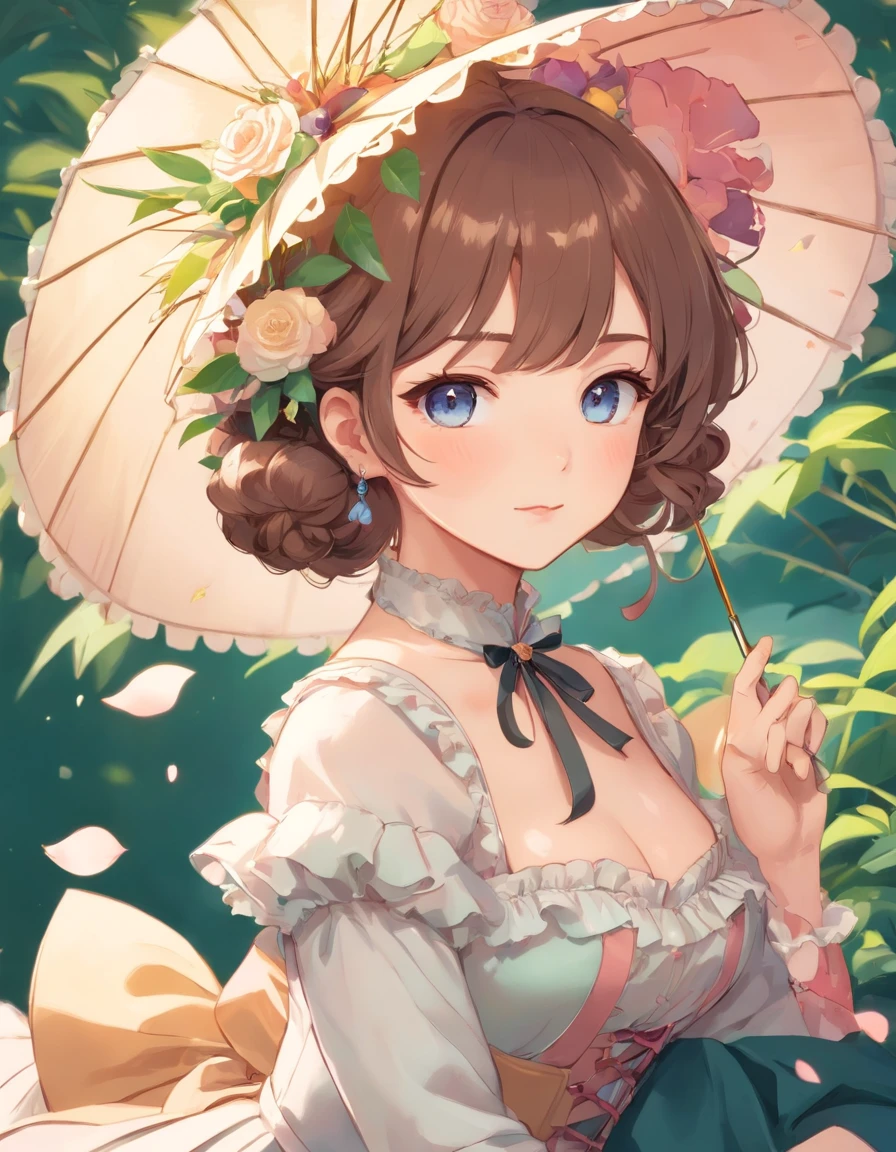 (Masterpiece), (best quality), illustration of Victorian Girl、kawaii girl、aniime、 1. **lo fashion**: Victorian fashion is characterized by dressy and elegant design。Ruffles and laces、corsets、Try incorporating elements such as long dresses。 2. **hairstyle on**: Women's hairstyles in the Victorian era are often complex and delicate。Upstyling and curling、It is also a good idea to add ribbons and floral ornaments to the hair.。 3. **Features**: girl features with soft features、Beautiful、kawaii、intelligent Beatty, Beautiful 5. **accessorized**: Accessories played an important role in the Victorian era。Hats、gloves、umbrellas, etc.、By drawing accessories with attention to detail、You can give your character personality。 Nice dress、florals、Luxurious costumes、PastelColors, (shining brightly), ((dazzling)), (floating a lot of flower petals, ((2d)), ((paper art))、(((glamorous)))、Plump、(((Chubby Mature Woman)))、(((Huge breasts)))、sexy woman