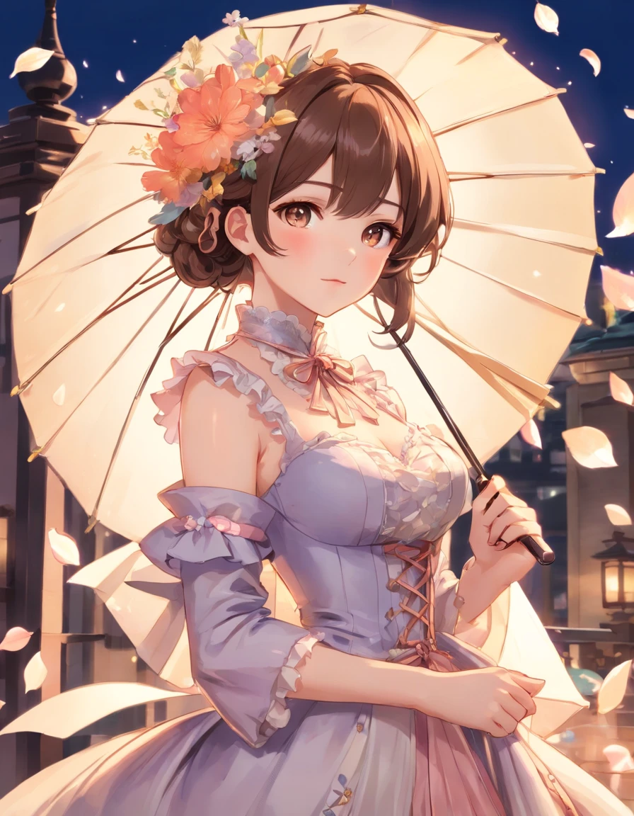 (Masterpiece), (best quality), illustration of Victorian Girl、kawaii girl、aniime、 1. **lo fashion**: Victorian fashion is characterized by dressy and elegant design。Ruffles and laces、corsets、Try incorporating elements such as long dresses。 2. **hairstyle on**: Women's hairstyles in the Victorian era are often complex and delicate。Upstyling and curling、It is also a good idea to add ribbons and floral ornaments to the hair.。 3. **Features**: girl features with soft features、Beautiful、kawaii、intelligent Beatty, Beautiful 5. **accessorized**: Accessories played an important role in the Victorian era。Hats、gloves、umbrellas, etc.、By drawing accessories with attention to detail、You can give your character personality。 Nice dress、florals、Luxurious costumes、PastelColors, (shining brightly), ((dazzling)), (floating a lot of flower petals, ((2d)), ((paper art))、(((glamorous)))、Plump、(((Chubby Mature Woman)))、(((Huge breasts)))、sexy woman
