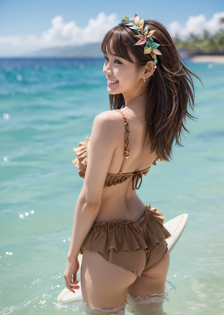 profile、Turned around、Butt,Flat Chest、(Slim body)、((Slim body))、Long Hair,Straight Bangs,Embarrassing,masterpiece,diamond、Earrings,background of fantasy,(((Brown Hair)))、 hair ornaments,Headband,Brown Hair, ((pastel colour, Frills)), looking at viewer,Hawaiiの海,Hawaii、 surfing、surfboard、Hawaiiの海でsurfingを楽しんでいる、Riding the wave、Beautiful sea、Highest quality, High resolution, unity 8k wallpaper, (shape:0.8), (Beautiful details:1.6), Highly detailed face, Sing happily、looking at the camera、laugh、smile、