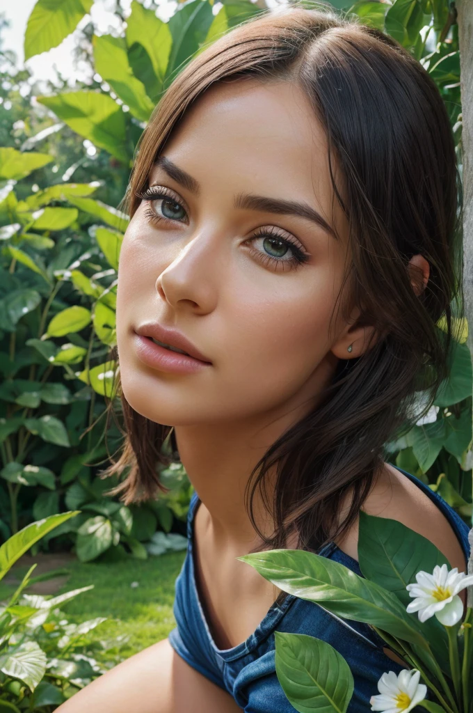 A cute girl in hot pants, beautiful detailed eyes, beautiful detailed lips, extremely detailed face, long eyelashes, beautiful young woman, perfect body, athletic, dynamic pose, outdoor garden setting, lush greenery, flowers, butterflies, sunlight, warm colors, vibrant, photorealistic, (best quality,4k,8k,highres,masterpiece:1.2),ultra-detailed,(realistic,photorealistic,photo-realistic:1.37),portrait,highly detailed