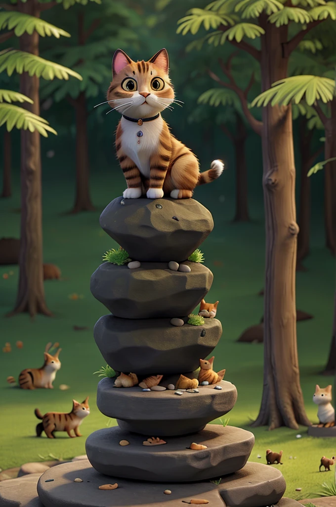 Baghu(cat) only one ,standing on a small rock in the forest, surrounded by animals like rabbits, deer, and birds, announcing his wish to be the king. The animals have curious and amused expressions.