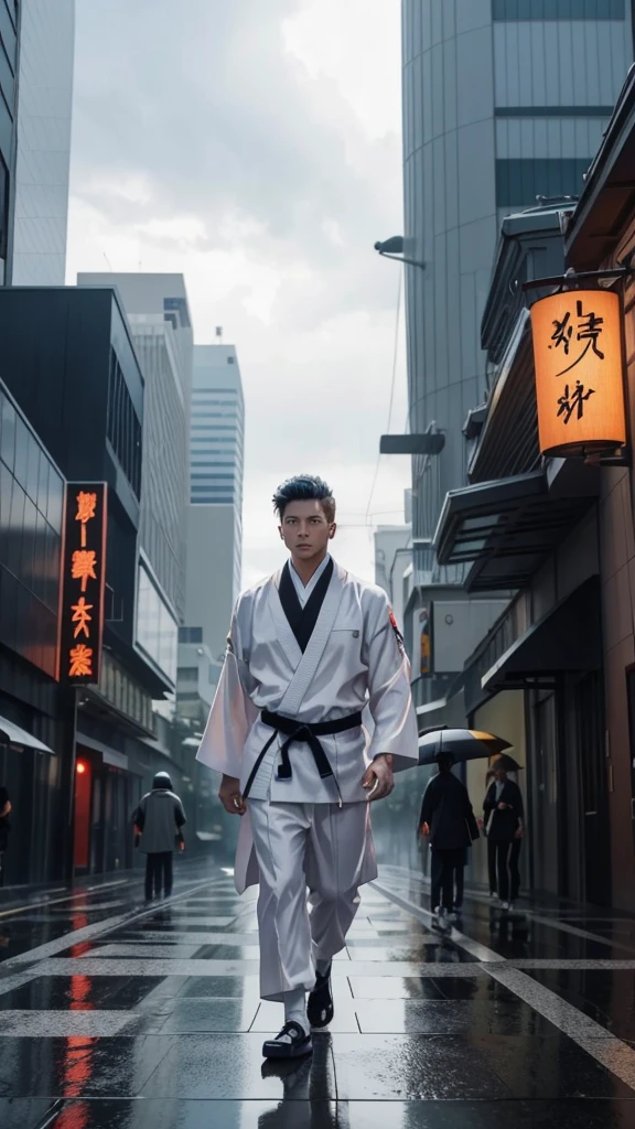 21 year old young man, short hair, and handsome, Gaga, named "Itadori Yuji" wearing Komono clothes, colored, white, effects, realistic visuals./" JUJUTSU KAISEN". is walking in the middle of the city in the rain, which is falling down .
