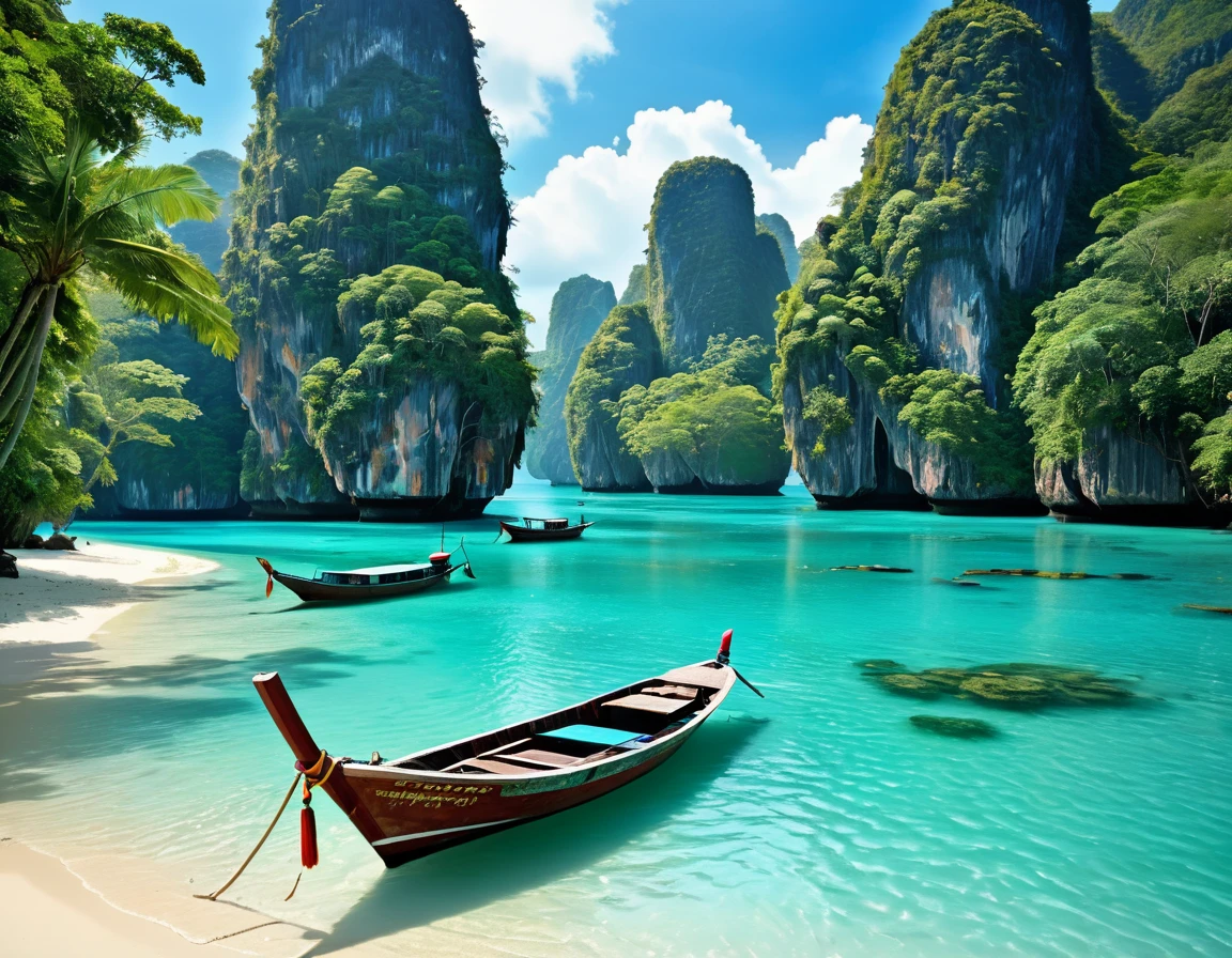 There is a boat parked on the water near the shore, beautiful place, scenery is beautiful, very scenery is beautiful, Beautiful scenery, turquoise water, thailand art, Wallpaper HD beautiful, nice environment, Stunningly beautiful beaches, Very extremely beautiful, Vietnamese jungle beautiful, very very scenery is beautiful, Vibrant environment, Peaceful environment, Tropical Regions