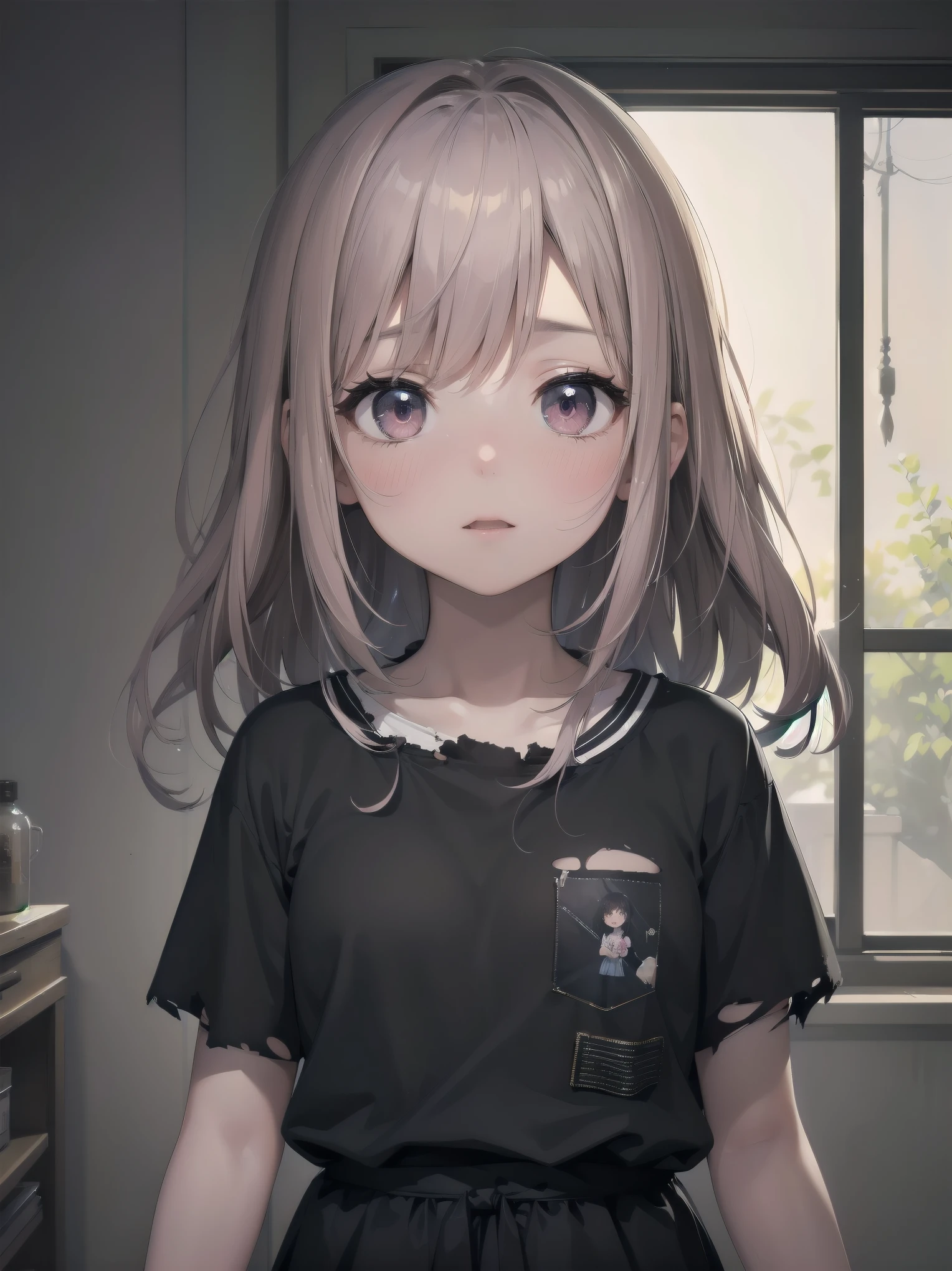 Masterpiece、Cinematic、Highest quality、Super detailed、Detailed clothing、Clear Face、Detailed face、Detailed skin、1人のgirl、6 years old、girl、、Torn clothes、、Worn clothes、Embarrassing、blush、Looking down、Loose wearing、despair、fear、A dark room、Blackout
