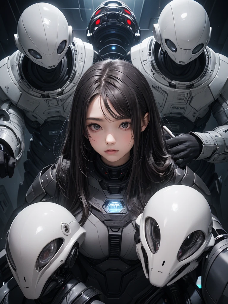 (((Masterpiece))), (high quality),Grey type aliens,15 year old girl alien,Skinhead,Gray aliens,Large, dark, almond-shaped eyes,Wearing a silver body-fitting suit
