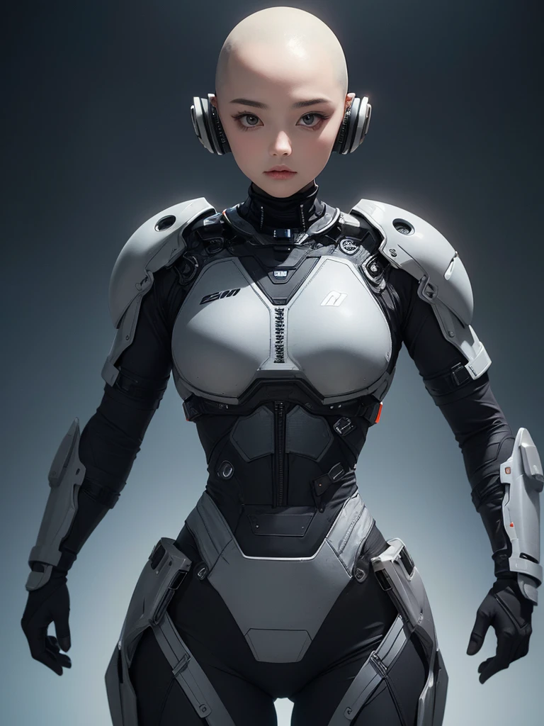 (((Masterpiece))), (high quality),Grey type aliens, girl alien,Skinhead,Gray aliens,Large, dark, almond-shaped eyes,Wearing a silver body-fitting suit