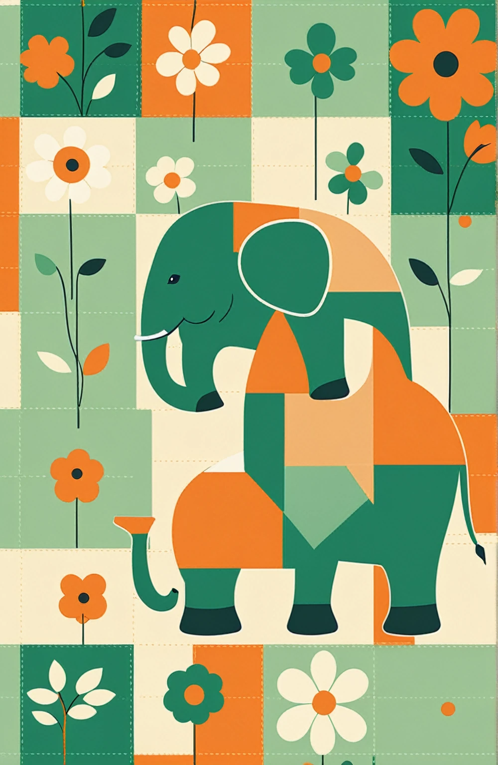 Beautifully designed canvas bag with British squares, blooming flowers, printing a cute little elephant, geometric lines, minimalistic, moderno, sophisticated, cute, Blocking colors, floral motives, orange and green, illustration, animated cartoon, Geometric style, beautifully detailed, Flat color vector design style