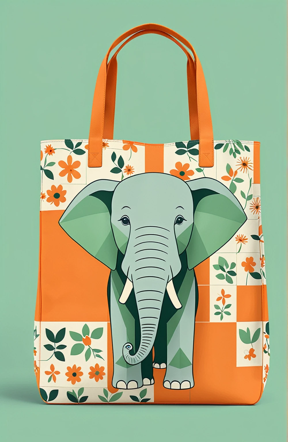 Beautifully designed canvas bag with British squares, blooming flowers, printing a cute little elephant, geometric lines, minimalistic, moderno, sophisticated, cute, Blocking colors, floral motives, orange and green, illustration, animated cartoon, Geometric style, beautifully detailed, Flat color vector design style