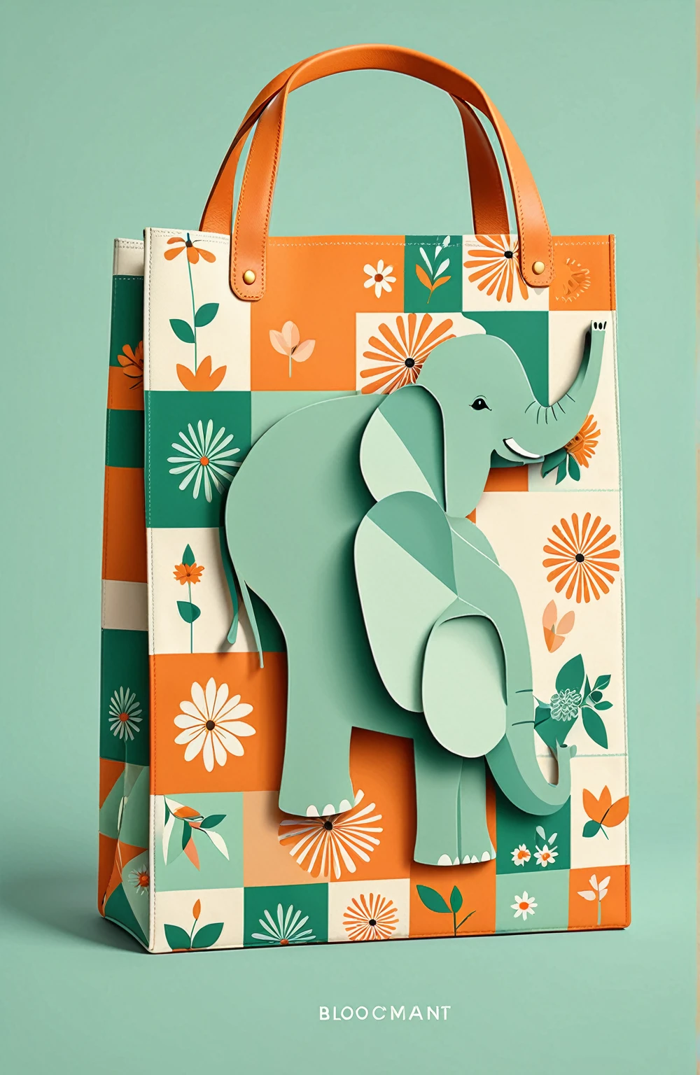 Beautifully designed canvas bag with British squares, blooming flowers, printing a cute little elephant, geometric lines, minimalistic, moderno, sophisticated, cute, Blocking colors, floral motives, orange and green, illustration, animated cartoon, Geometric style, beautifully detailed, Flat color vector design style