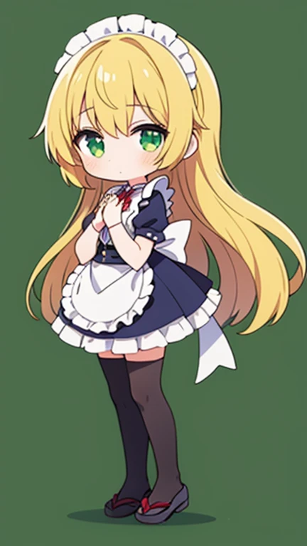 1girl,japanese,chibi,gold hair,long hair,put hands on body at side,full body,green background,Maid costume,looking to the left