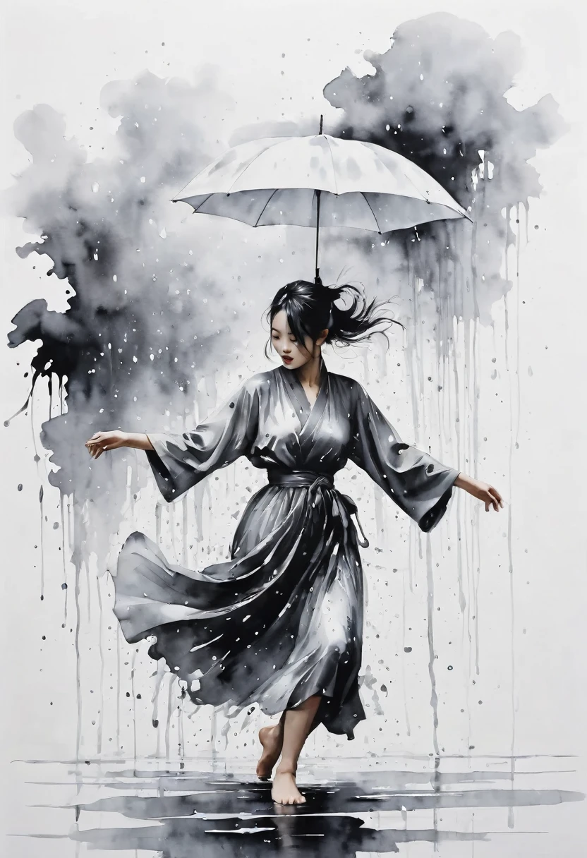 中国Ink Painting, Gray and White, Minimum,White background,Waterway, Minimalism,  Huge negative space, Ink Painting, Abstract，heavy rain，A person dancing in the rain