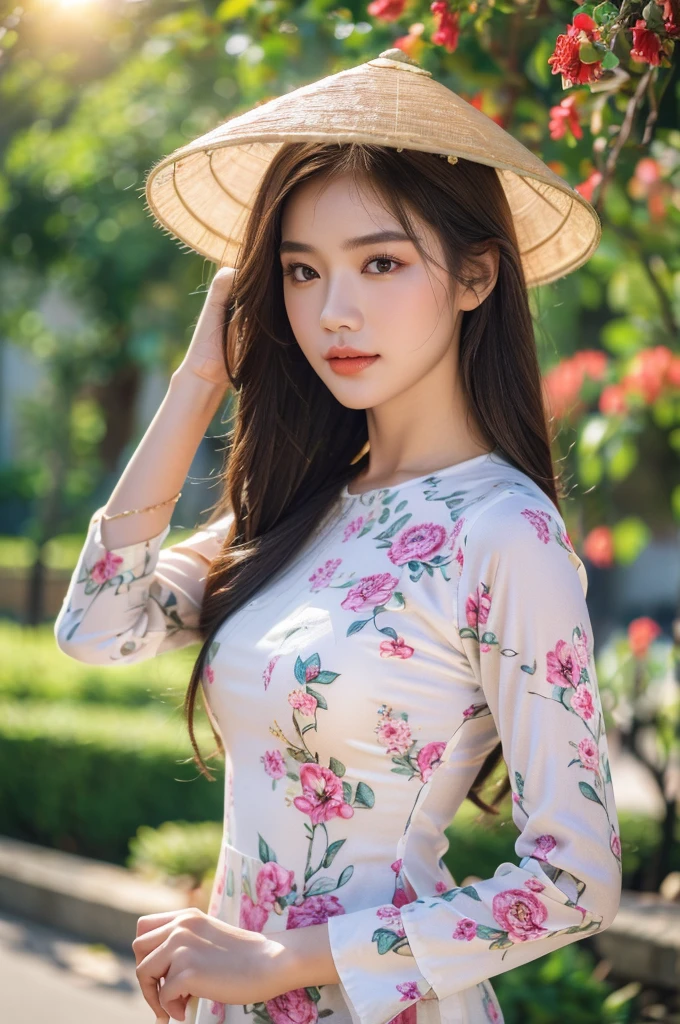 (best quality,4k,8k,highres,masterpiece:1.2),ultra-detailed,realistic,close-up portrait,Asian girl, intricate detail Vietnamese Ao Dai,beautiful detailed hair,lively colors,graceful pose,elegant atmosphere,vibrant flowers,soft sunlight,nostalgic vibes,sunlit cobblestones, ancient street,ancient architecture.