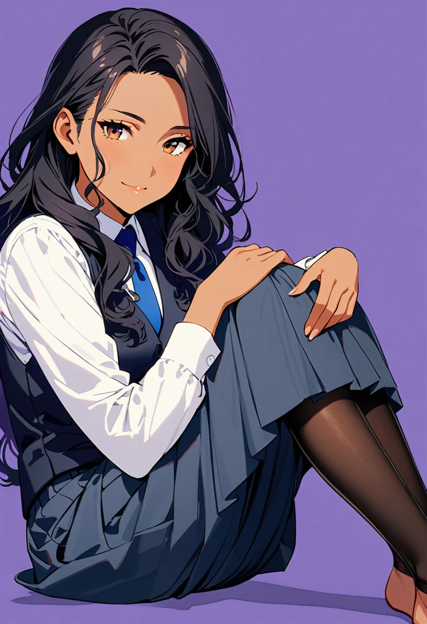 a woman, 19-years-old, solo, mature face, average height, tan skin, (long black wavy hair that's parted in the middle:1.2), no bangs, brown eyes, warm smile, black waistcoat, white formal shirt, gray pleated skirt, blue necktie, black tights, (sitting with knees up, hugging knees, head resting on knees, bright indigo background:1.1)