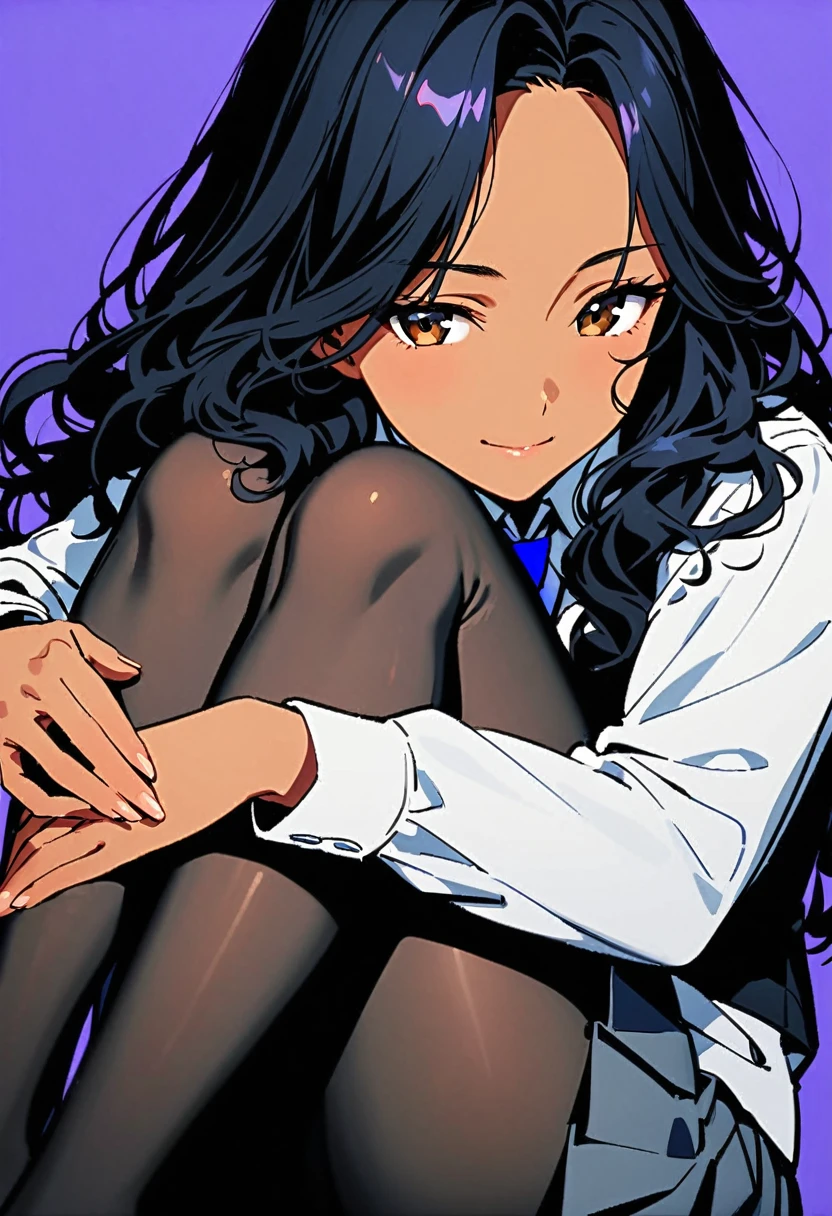 a woman, 19-years-old, solo, mature face, average height, tan skin, (long black wavy hair that's parted in the middle:1.2), no bangs, brown eyes, warm smile, black waistcoat, white formal shirt, gray pleated skirt, blue necktie, black tights, (sitting with knees up, hugging knees, head resting on knees, bright indigo background:1.1)