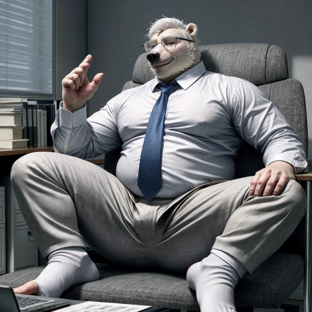 chubby polar bear dad male office suit white shirt slighly well built , blue eyes glasses, head crest white hair, levitating relaxing spread legs, five finger feet with white ankle sock, profile, full body smug , kemono , high quality