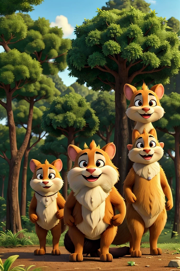 The forest animals laughing and smiling at Baghu, who is standing with a determined expression, trying to convince them. The background shows a variety of trees and bushes.