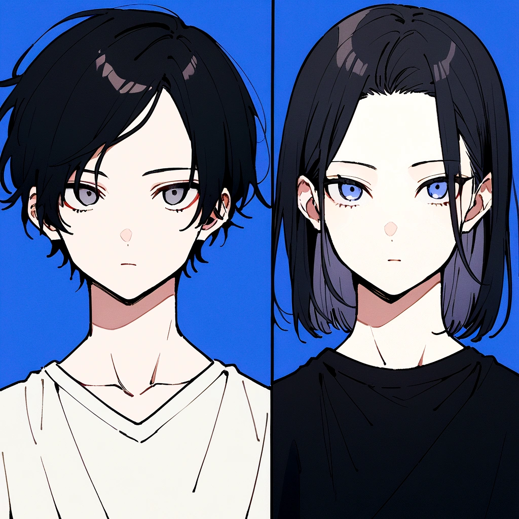 male、Beautifully straight, center parted、male、Medium black hair、profile、profileの待ち受け、黒髪のCenter part that exposes the forehead・profileのイラストアイコン,Black hair center part、Flat painting - Portrait：30代前半のmaleで、Hair should be parted in the center。 ·atmosphere：It has a stylish atmosphere.、Simple fill、With a bright feeling、Center part that exposes the forehead,Blue background、For SNS icons、T-Shirts、Solid blue background