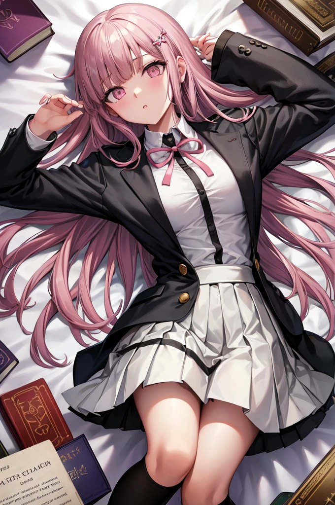 black jacket, open clothes, long sleeves, white skirt, pleated skirt, books lying around, bedroom, cream hair, tall, high stockings, hair ornament, pink ribbon, looking at viewer, medium hair, lying on back, arms up, on bed