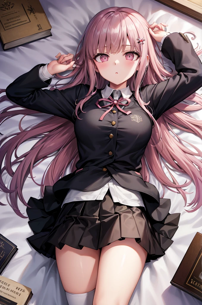 black jacket, open clothes, long sleeves, white skirt, pleated skirt, books lying around, bedroom, cream hair, tall, high stockings, hair ornament, pink ribbon, looking at viewer, medium hair, lying on back, arms up, on bed