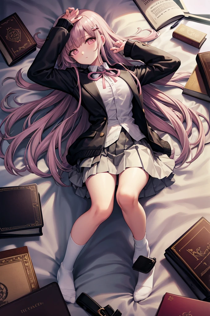 black jacket, open clothes, long sleeves, white skirt, pleated skirt, books lying around, bedroom, cream hair, tall, high stockings, hair ornament, pink ribbon, looking at viewer, medium hair, lying on back, arms up, on bed