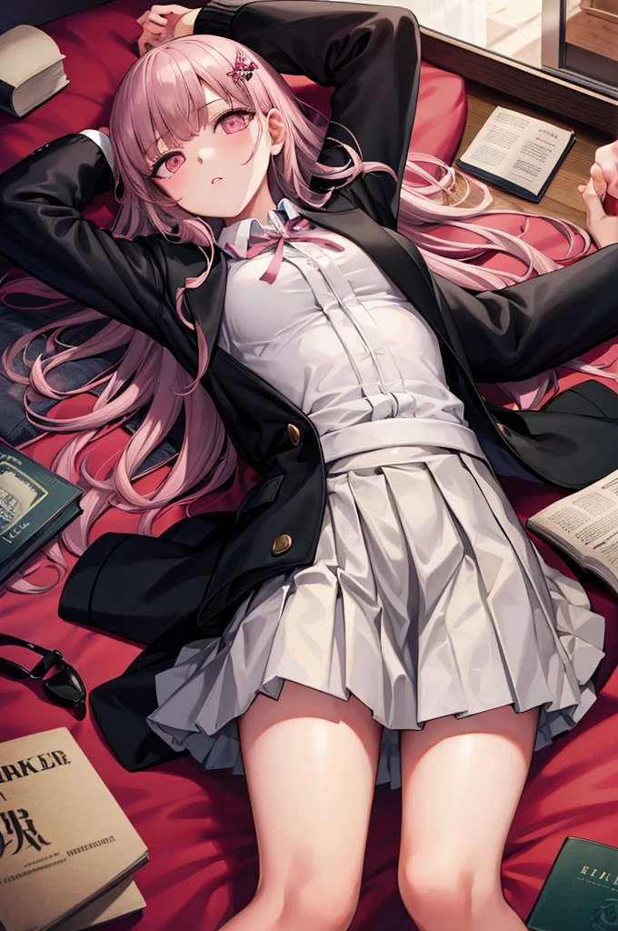 black jacket, open clothes, long sleeves, white skirt, pleated skirt, books lying around, bedroom, cream hair, tall, high stockings, hair ornament, pink ribbon, looking at viewer, medium hair, lying on back, arms up, on bed