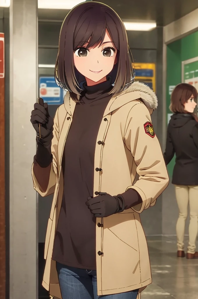 girl, brown hair, brown eyes, jeans, beige parka, smile, subway, black gloves