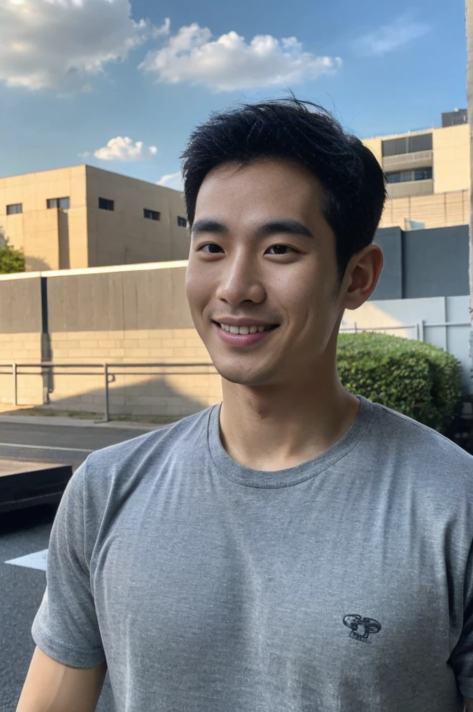 Korean man, Inspiration from Peng Yuyan, 30 years old, 236 years old, Cute Korean Face, 35 yo, 33 year old Korean muscular man，Gym in the background, black t-shirt ，looking to the camera，frontage ,Light-sensitive, smile, ,wide angle