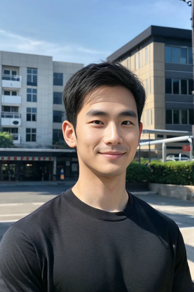 Korean man, Inspiration from Peng Yuyan, 30 years old, 236 years old, Cute Korean Face, 35 yo, 33 year old Korean muscular man,Gym in the background, black t-shirt ,looking to the camera,frontage ,Light-sensitive, smile, ,wide angle