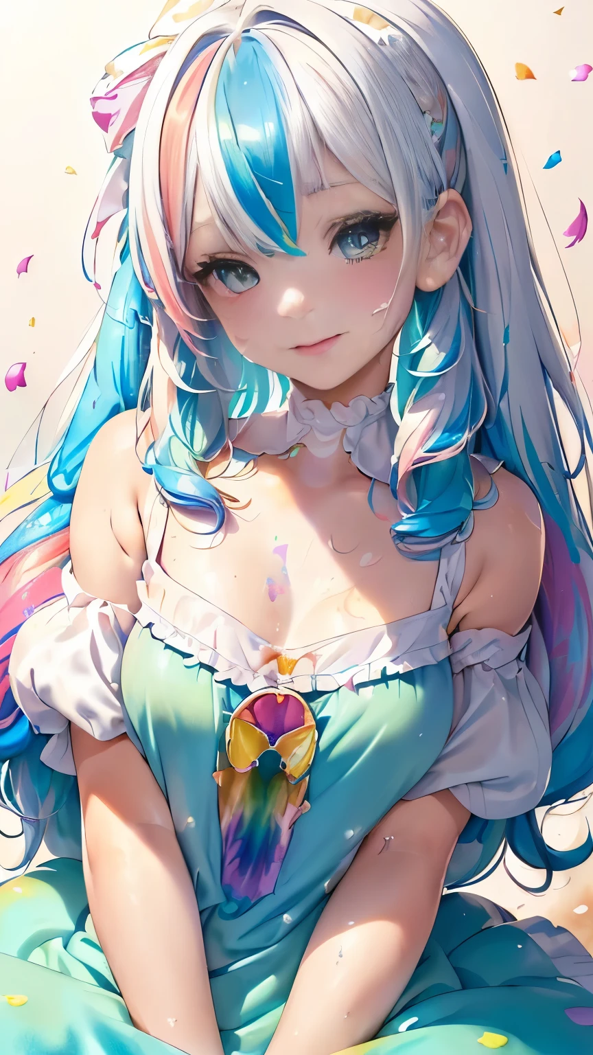 (Pink Fashion T-shirt:1.9),(Colorful hair: 1.8), (all the colours of the rainbow: 1.8),(((((vertical painting:1.6))), (painting:1.6),front, comics, illustrations, paintings, large eyes, crystal clear eyes,( rainbow color gradient high ponytail:1.7), exquisite makeup, closed mouth,(Small Fresh: 1.5),(Wipe Chest: 1.6) ,long eyelashes, white off shoulder T-shirt, White Shoulder Shirt,looking at the audience, large watery eyes, (rainbow colored hair:1.6), color splash, (solo:1.8), color splash, color explosion, thick paint style, messy lines, ((shining)),(colorful), (colorful), (colorful), colorful, Thick Paint Style, (Splash) (Color Splash), Vertical Painting, Upper Body, Paint Splash, Acrylic Pigment, Gradient, Paint, Highest Image Quality, Highest Quality, Masterpiece, Solo, Depth of Field, Face Paint, colorful clothes, (Elegant: 1.2), gorgeous,long hair, wind, (Elegant: 1.3), (Petals: 1.4),(((masterpiece))),(((best quality))),((ultra-detailed)),(illustration),(dynamic angle),((floating)),(paint),((disheveled hair)),(solo),(1girl) , (((detailed anima face))),((beautiful detailed face)),collar,bare shoulders,white hair, ((colorful hair)),((streaked hair)),beautiful detailed eyes,(Gradient color eyes),(((colorful eyes))),(((colorful background))),(((high saturation))),(((surrounded by colorful splashes))),