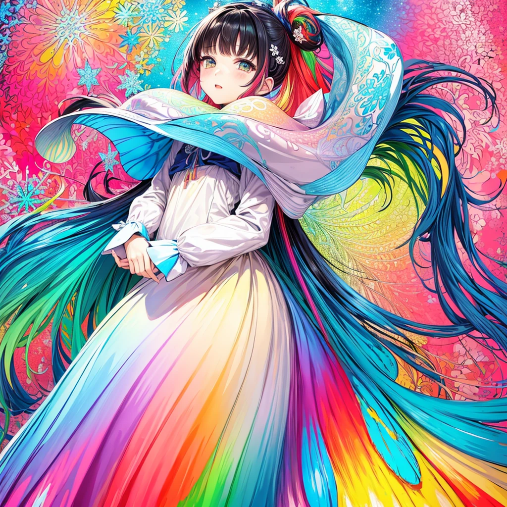 (flat-colors:1.3)、(colourfull:1.8)、(masuter piece:1.2)、top-quality、​masterpiece、Original、highly detailed wallpaper、looking at viewert、1 beautiful girl with a pattern、solo、Colorful snowflakes float、(Fractal Art:1.4 ）、