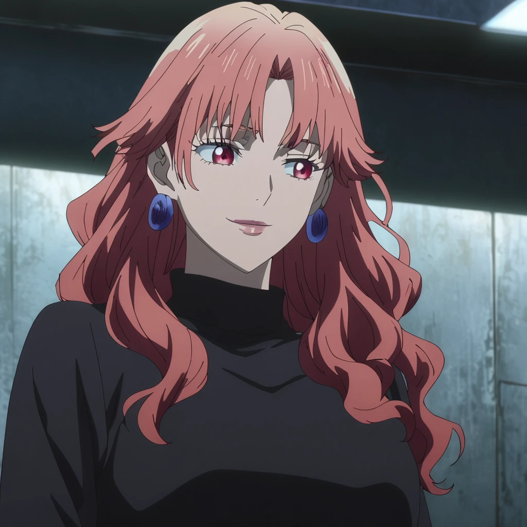 1girl, female gojo satoru, anime screencap from jujutsu kaisen, gojo satoru female version, solo, long_hair, blue eyes ((Red_hair, wavy hair)), night view, (hanging breasts) upper_body, smile, indoors, Red_eyes, lips, (slightly wavy hair) (wearing round sunglasses) ((wearing black sweater outfit)) breast, "very detailed and high resolution" (Red eyes) ((shoulder length wavy hair)) ((solo)) (front view) (earings) ((high resolution)) ((good quality)) ((bangs)) 