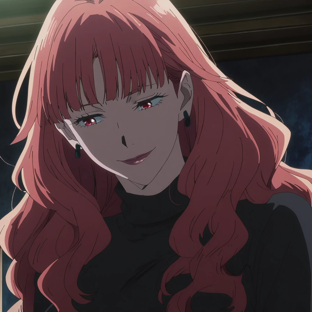 1girl, female gojo satoru, anime screencap from jujutsu kaisen, gojo satoru female version, solo, long_hair, blue eyes ((Red_hair, wavy hair)), night view, (hanging breasts) upper_body, smile, indoors, Red_eyes, lips, (slightly wavy hair) (wearing round sunglasses) ((wearing black sweater outfit)) breast, "very detailed and high resolution" (Red eyes) ((shoulder length wavy hair)) ((solo)) (front view) (earings) ((high resolution)) ((good quality)) ((bangs)) 