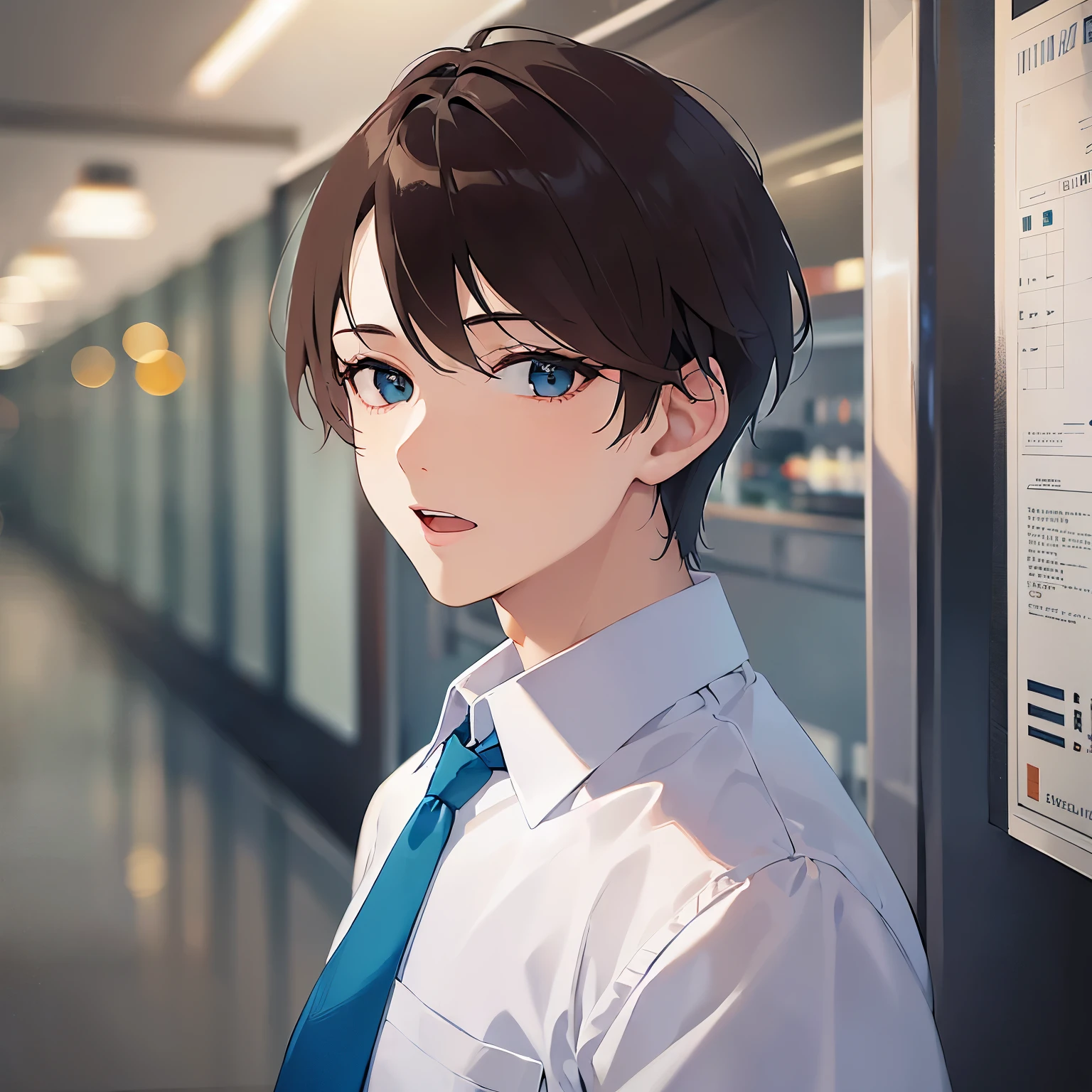 BREAK (25-year-old male:1.5) and (Mahogany brown short hair) and (Green Eyes) BREAK (white collared shirt) and (Blue tie)、(looking back:1.5),Side shot masterpiece、Highest quality、 (surprised:1.5), The background is the office lobby.、(alone:1.5),open mouth