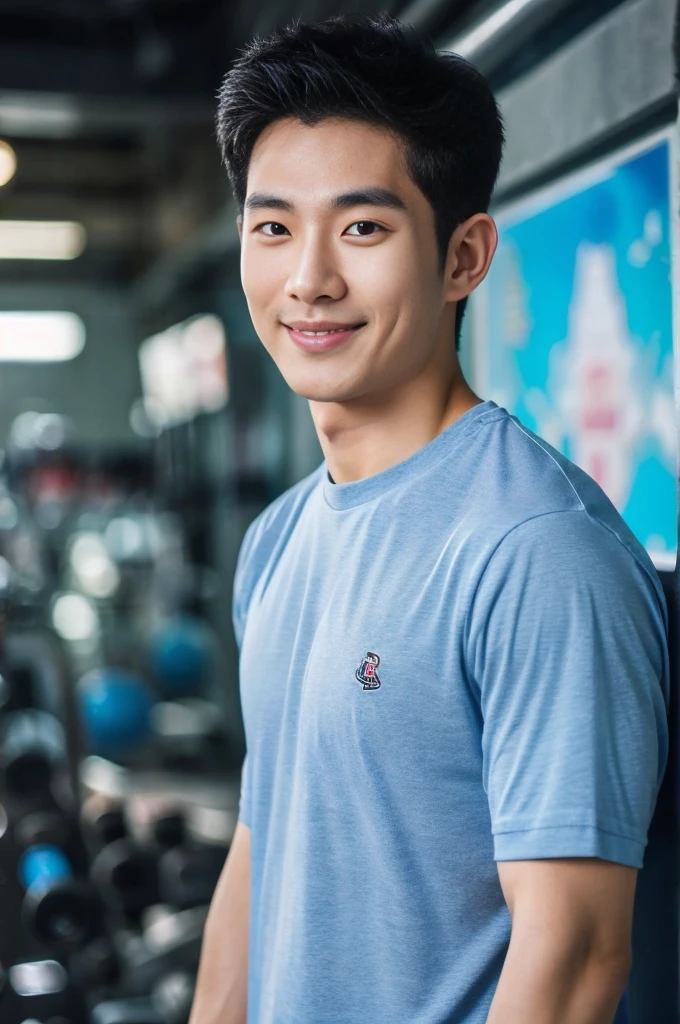 Korean man, Inspiration from Peng Yuyan, 30 years old, 236 years old, Cute Korean Face, 35 yo, 33 year old Korean muscular man，The gym is on the back of the shirt.  handsome shirt guy，looking to the camera，frontage，high qulity，tmasterpiece，8K.4K,1080P，Light-sensitive, smile, ,wide angle