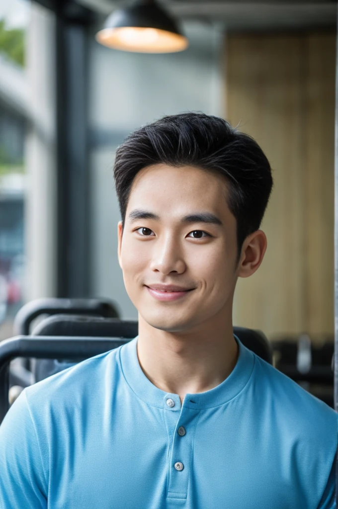 Korean man, Inspiration from Peng Yuyan, 30 years old, 236 years old, Cute Korean Face, 35 yo, 33 year old Korean muscular man，The gym is on the back of the shirt.  handsome shirt guy，looking to the camera，frontage，high qulity，tmasterpiece，8K.4K,1080P，Light-sensitive, smile, ,wide angle