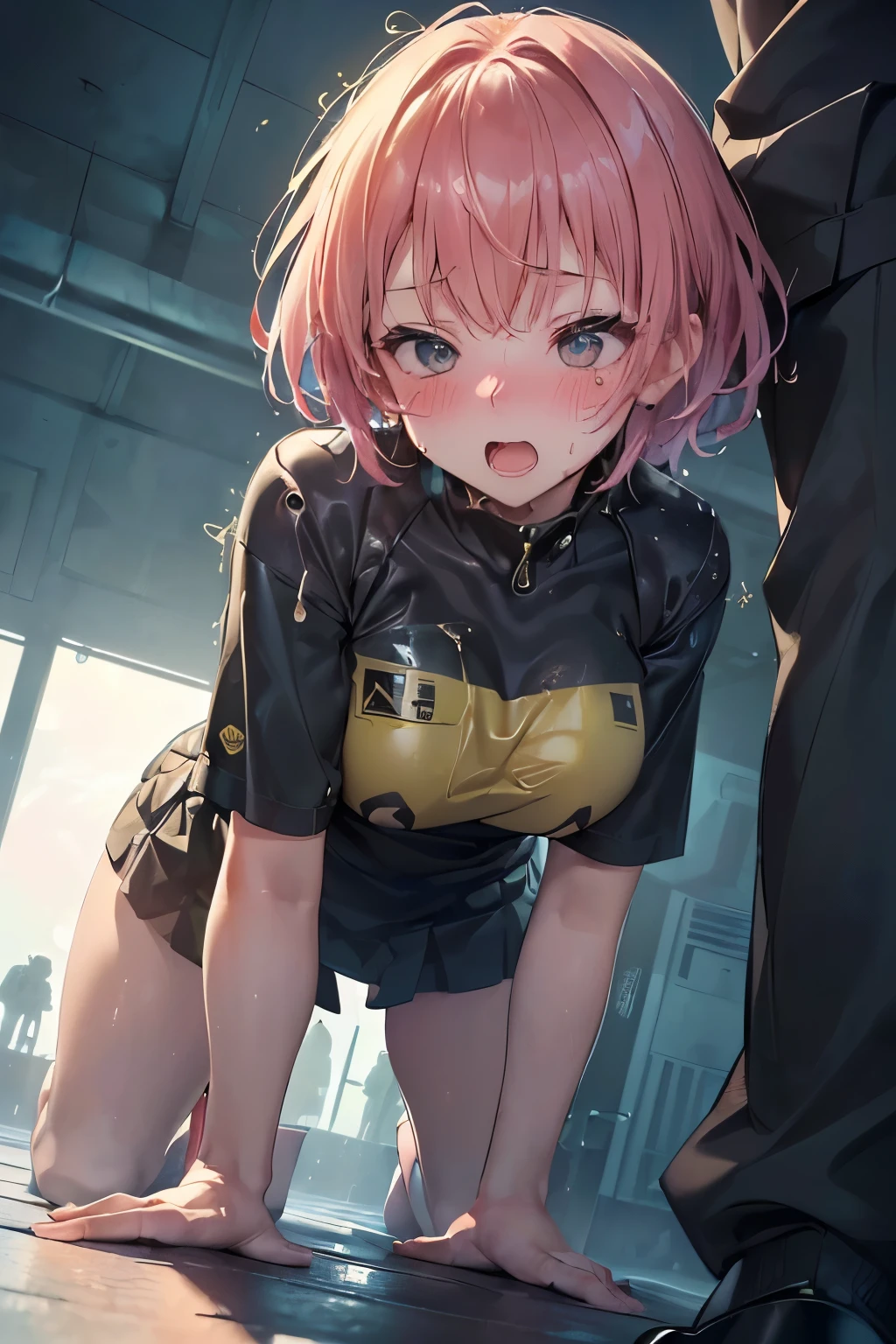 (((Browsing Caution, Close Up Facial , Front view , From below , Movie angle))) ,(On all fours), break、( 1girl、1boy), 20-year-old, (close your eyes),(((Embarrassing, Excited, Fascinating, In the heat, orgasm,Blushing,shortness of breath, Very humid,vapor、Man grabbing woman's breasts))) , break (((Bright pink and green hair))),(Semi-long hair tied in one piece、Add a light pink ribbon to the end.:1.3),(((Two-part bangs , middle part, Bangs parted in the middle, Side-swept bangs))), (amount:1.3), (Small breasts:1.0) ,((Sweaty skin, Dripping , girl trembling with Sexual climax, Cum in pussy, pubic hair)) ,Thin dots, feminine, Slightly muscular, Dynamic pose,((((vagina,Sex, A boy and his penis,Heterolo, Women in front and men in back , dorsal position, Cum in pussy, pubic hair)))), break, (((White - Solid - Short Sleeve - Safari Shirt ,Bottomless))), break, (((Midnight,On the bed))),(masterpiece), (Realistic), (Highest quality), (Super detailed), wonderful, ((A face with attention to detail)) , clavicle, High resolution , (Super detailed), Smooth, 16K, Vibrant colors,vagina,Sex,