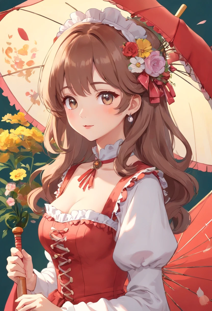 (Masterpiece), (best quality), illustration of Victorian Girl、kawaii girl、aniime、 1. **lo fashion**: Victorian fashion is characterized by dressy and elegant design。Ruffles and laces、corsets、Try incorporating elements such as long dresses。 2. **hairstyle on**: Women's hairstyles in the Victorian era are often complex and delicate。Upstyling and curling、It is also a good idea to add ribbons and floral ornaments to the hair.。 3. **Features**: girl features with soft features、Beautiful、kawaii、intelligent Beatty, Beautiful 5. **accessorized**: Accessories played an important role in the Victorian era。Hats、gloves、umbrellas, etc.、By drawing accessories with attention to detail、You can give your character personality。 Nice dress、florals、Luxurious costumes、PastelColors, (shining brightly), ((dazzling)), (floating a lot of flower petals, ((2d)), ((paper art))、(((glamorous)))、Plump、(((Chubby Mature Woman)))、(((Huge breasts)))、sexy woman、(Voluptuous:1.2)